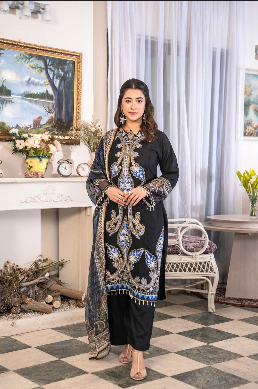 MARIA B Inspired Embroidered staple linen with chiffon dupatta