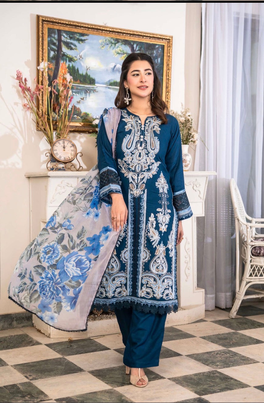 MARIA B Inspired Embroidered staple linen with chiffon dupatta