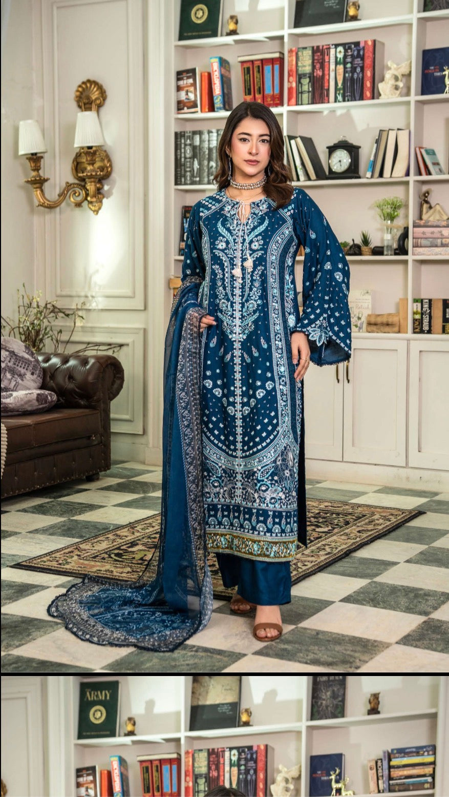 Hoorain Staple Linen Embroidered Hand Embellished Kameez Linen Palazzo & Chiffon Dupatta with Rich Floral Motifs