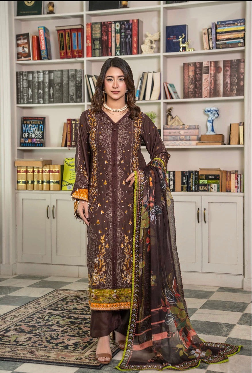 Hoorain Staple Linen Embroidered Hand Embellished Kameez Linen Palazzo & Chiffon Dupatta with Rich Floral Motifs