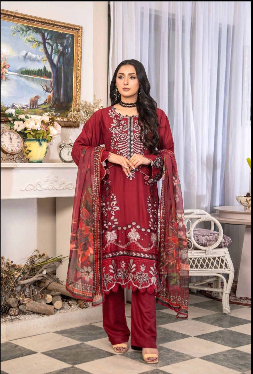 MARIA B Inspired Embroidered staple linen with chiffon dupatta